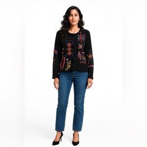 90s Vintage New York News Beaded Embroidered Knit Black Cardigan, Size Large